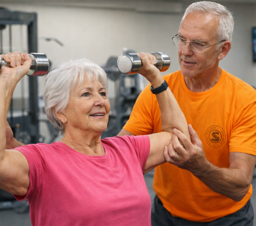 Fitnessübung im Seniorenbereich mit Trainer