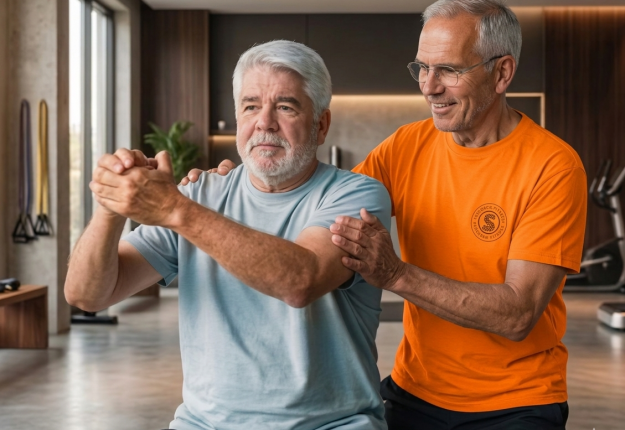 Senior Traininert unter Anleitung eines Personal Trainers gezielt die Schlter- und Armmuskulatur in einem Fitnesstudio.
